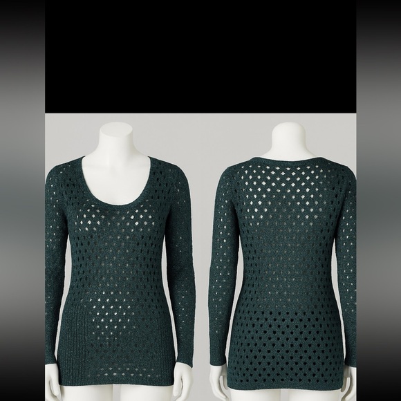 Rock & Republic Black Metallic Open-Knit Sweater L Shimmer Cutout Long Sleeve - Picture 6 of 6